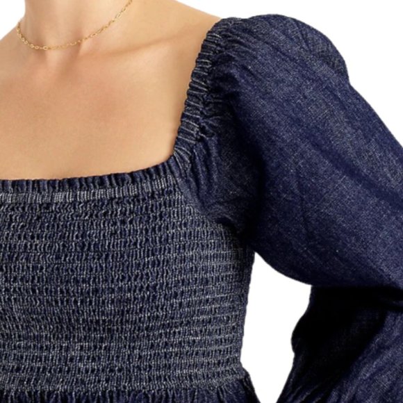 NWOT J. Crew Puff-Sleeve Dark Blue Rinse Chambray Denim Smocked Top, size Medium - Picture 4 of 7